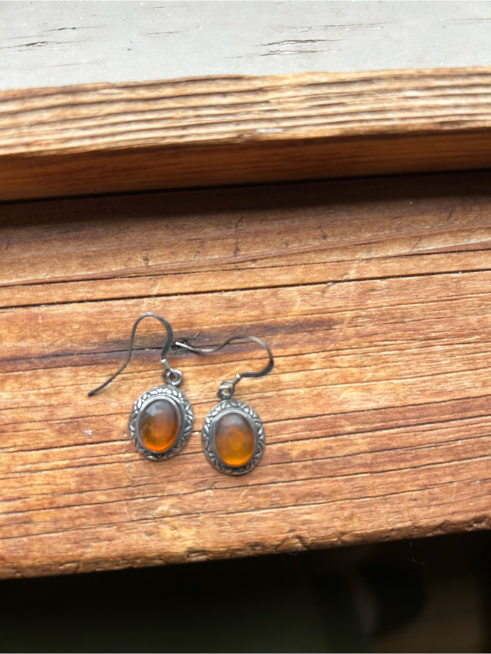 Sterling-Style Amber Glass Oval Drop Earrings in Orange
